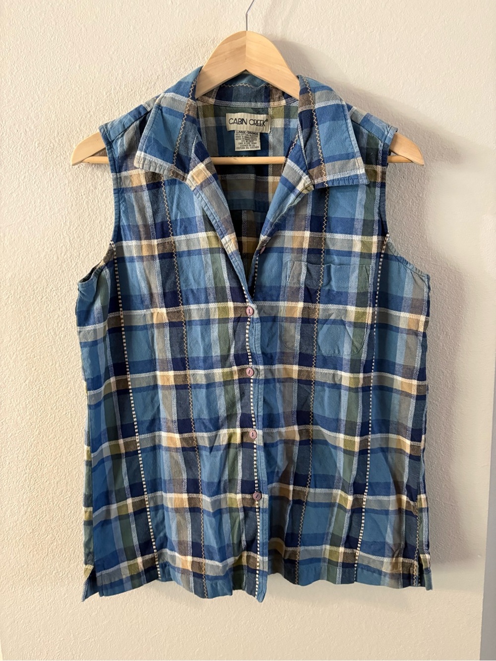 90s Cottagecore Blue Plaid Sleeveless Cotton Button-Front Shirt Cabin Creek L